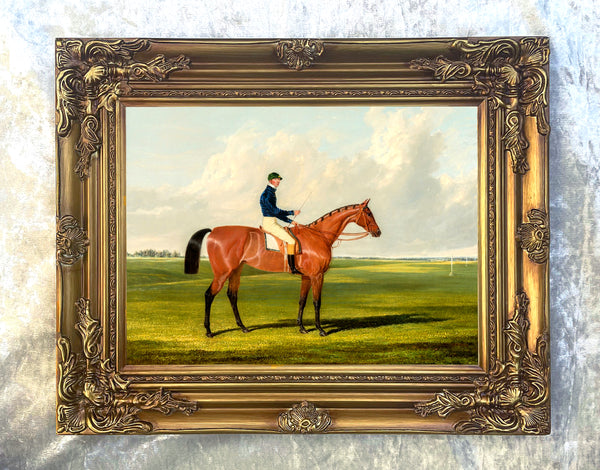 Fine Oleograph on Canvas - Portrait of a Bay Racehorse with Jockey Up