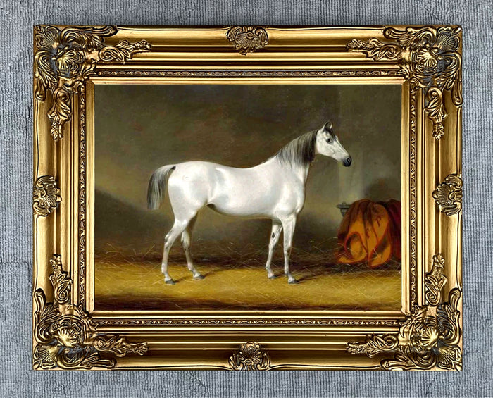 Oleograph on Canvas of a Grey Horse in a Stable