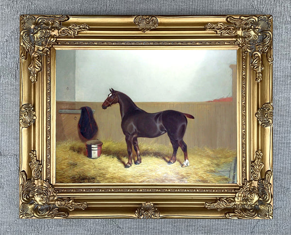 Oleograph on Canvas of a Stable Scene - A Cob in a Stable