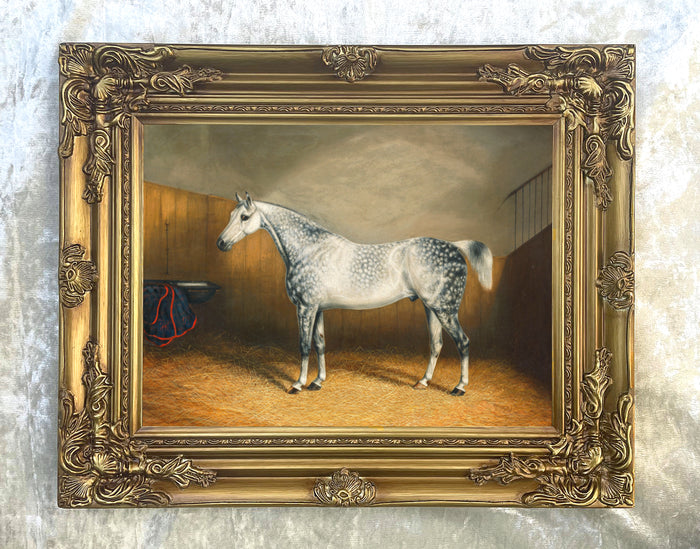 Fine Oleograph on Canvas -Portrait of a Dapple Grey Gelding in a Stable