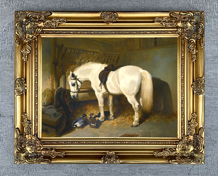 Fine Oleograph of a White Horse & Ducks in a Stable