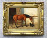 Fine Oleograph on Canvas of a Horse & Dog by a Stable