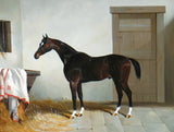 Fine Oleograph on Canvas of a Dark Bay Racehorse in a Stable