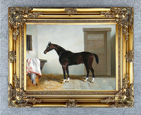 Fine Oleograph on Canvas of a Dark Bay Racehorse in a Stable