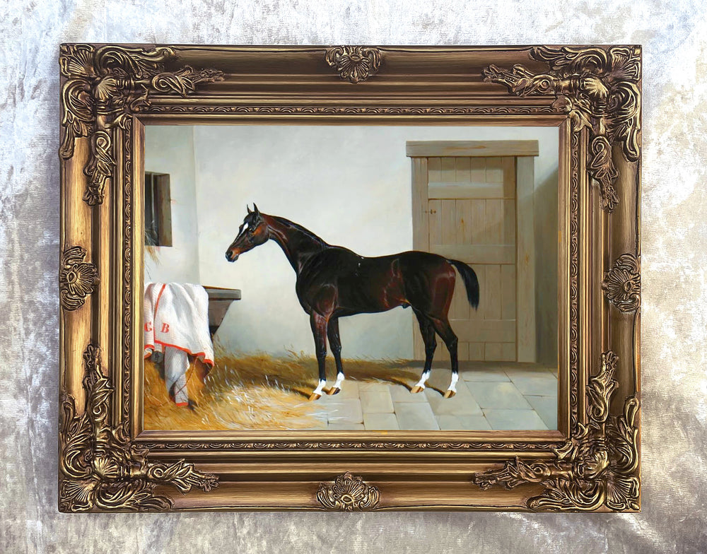 Fine Oleograph on Canvas of a Dark Bay Racehorse in a Stable