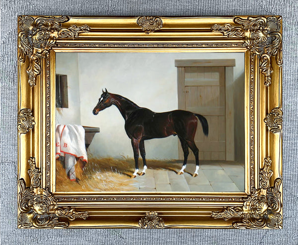 Fine Oleograph on Canvas of a Dark Bay Racehorse in a Stable