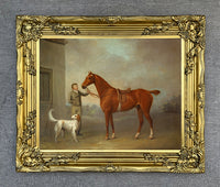 Fine Oleograph on Canvas - Chestnut Hunter with a Groom by a Stable