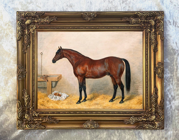 Fine Oleograph on Canvas - A Bay Racehorse in a Stall aft. Frank Paton