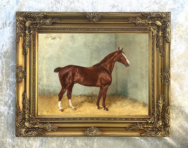 Excellent Oleograph on Canvas - Portrait of a Chestnut Horse in a Stable