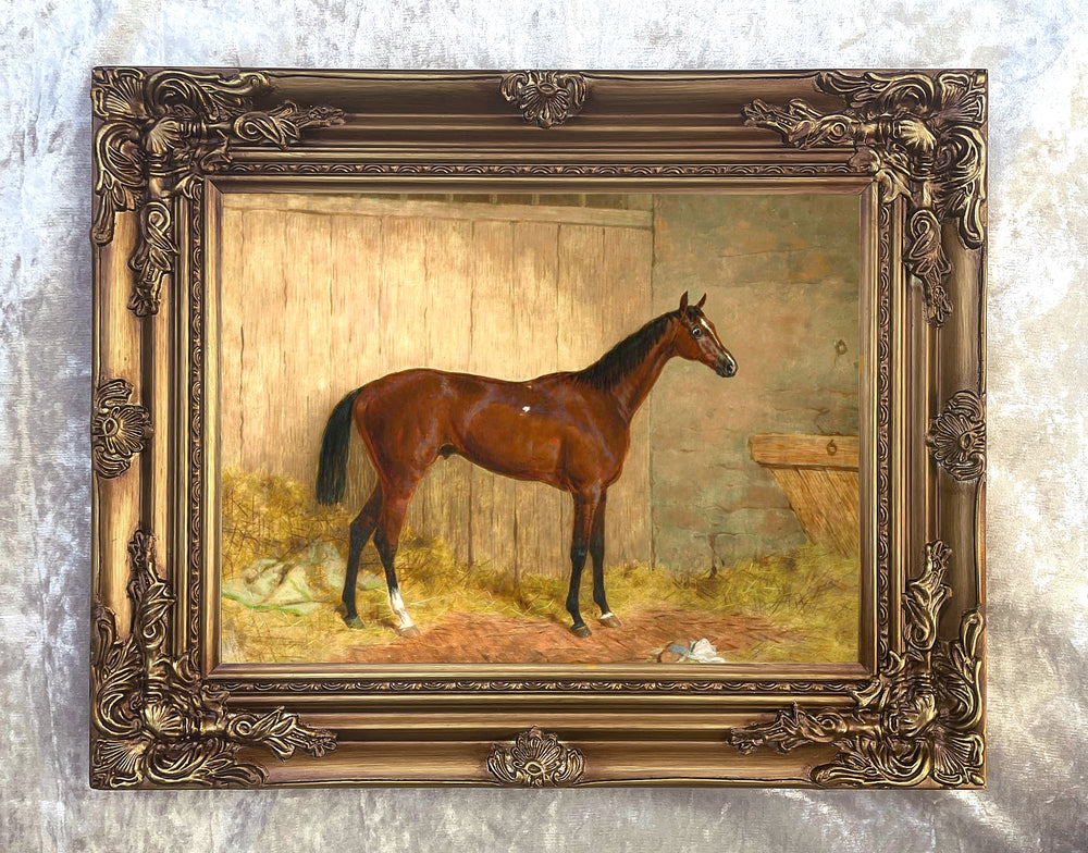 Superb Oleograph on Canvas - Racehorse in a Stable