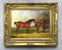 Fine Oleograph on Canvas of 2 Bay Horses in a  Rural Landscape