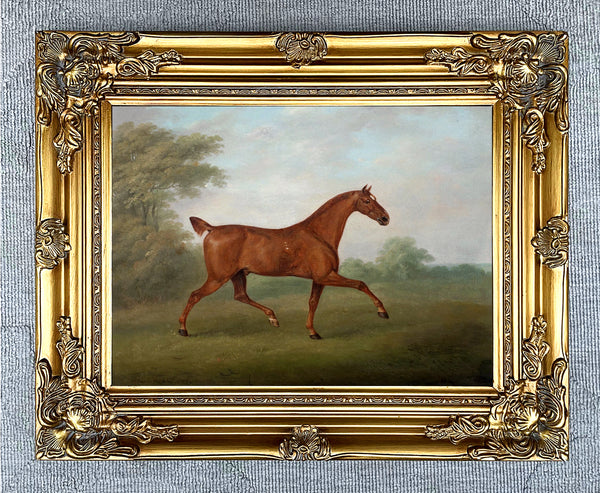 Excellent Oleograph on Canvas - Portrait of a Chestnut Stallion in a Landscape