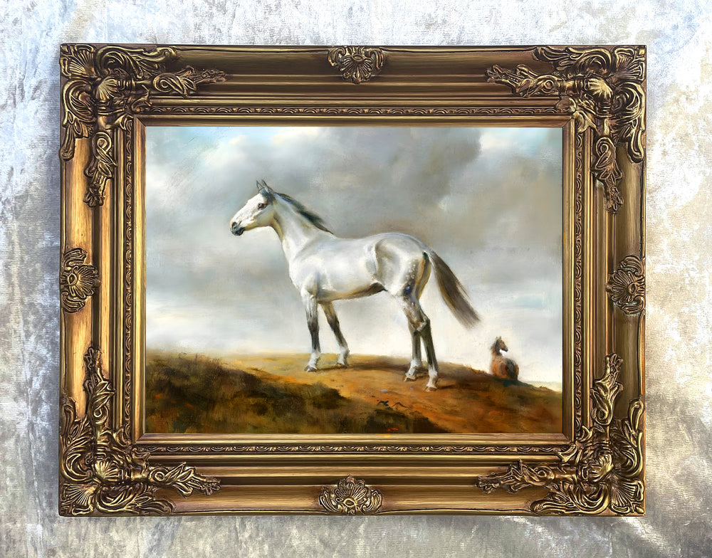 Fine Oleograph on Canvas of a Grey Horse on a Hill Top
