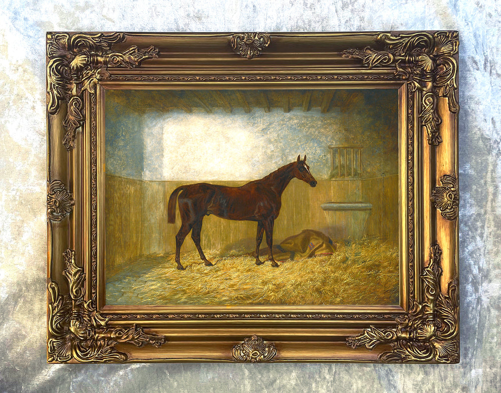 Fine Oleograph on Canvas of a Bay Racehorse in a Loose Box
