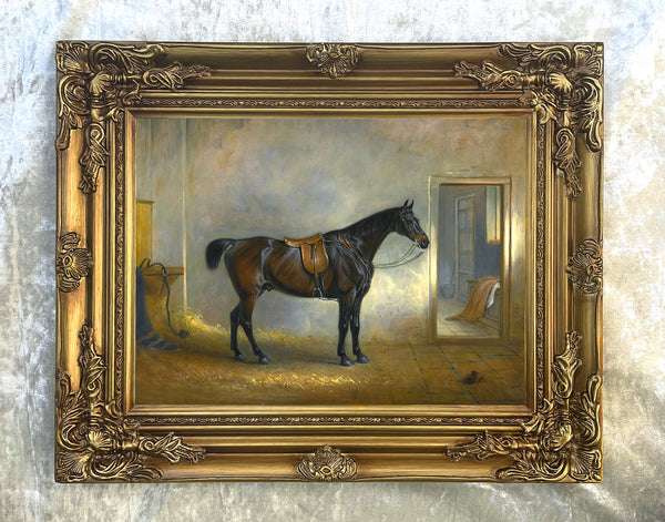 Fine Oleograph on Canvas of a Bay Hunter saddled in Stables