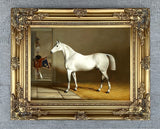 Fine Oleograph on Canvas of a Grey Military Horse in a Stable