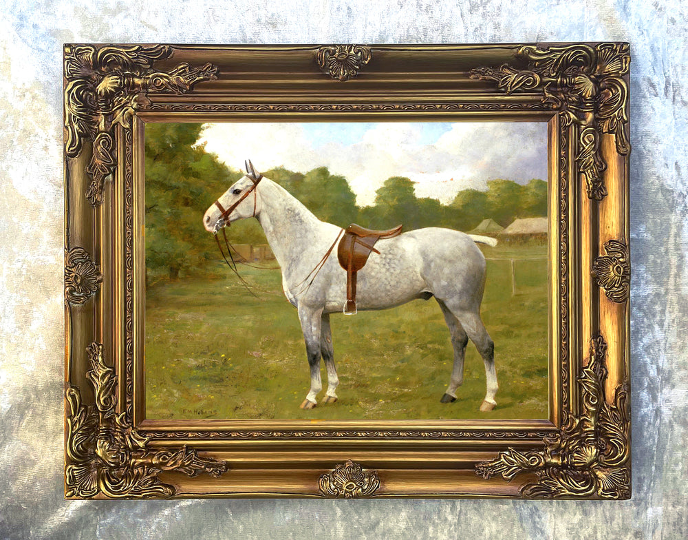 Fine Oleograph on Canvas of a Grey Horse in a Rural Landscape