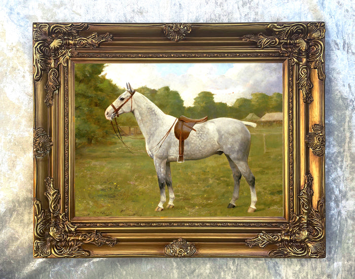 Fine Oleograph on Canvas of a Grey Horse in a Rural Landscape