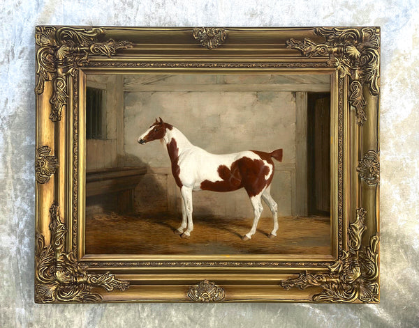 Fine Oleograph on Canvas of a Skewbald Horse in a Stable