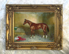 Fine Oleograph on Canvas of a Chestnut Racehorse in a Stable