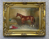 Fine Oleograph on Canvas of a Chestnut Racehorse in a Stable