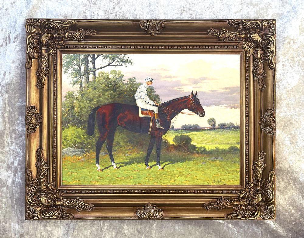Fine Oleograph on Canvas of the Racehorse "Domino" with Jockey Up