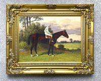 Fine Oleograph on Canvas of the Racehorse "Domino" with Jockey Up