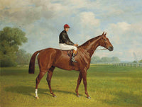 Fine Lithograph on Canvas of a Chestnut Racehorse with Jockey Up