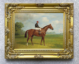 Fine Lithograph on Canvas of a Chestnut Racehorse with Jockey Up