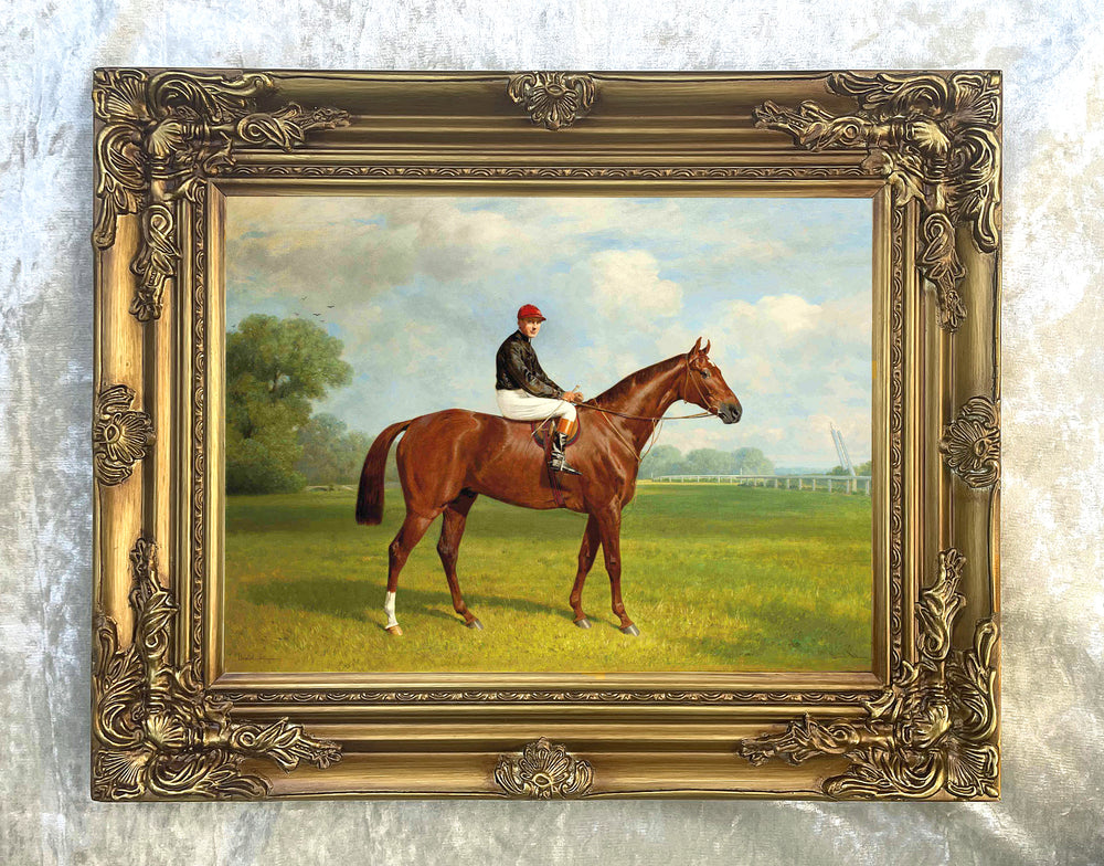 Fine Oleograph on Canvas of a Chestnut Racehorse with Jockey Up