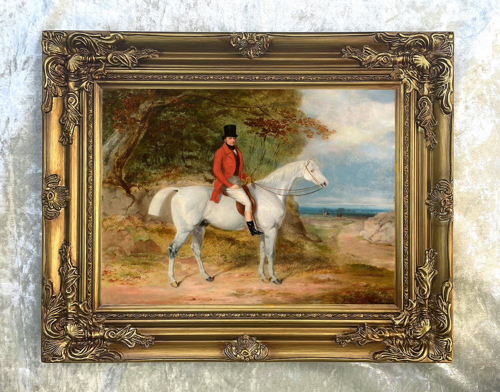 Fine Oleograph on Canvas of a Huntsman on a Grey Hunter aft. W.Barraud