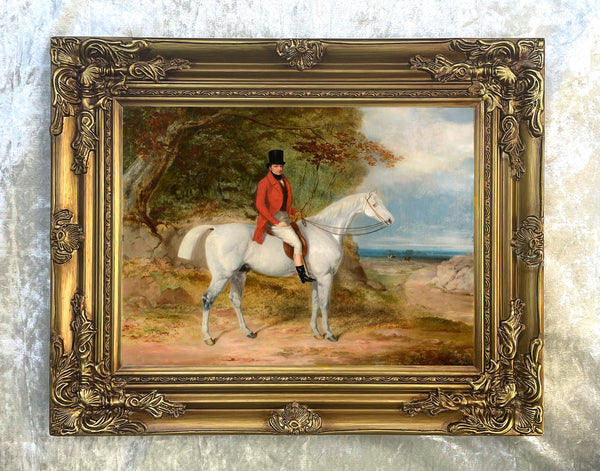 Fine Oleograph on Canvas of a Huntsman on a Grey Hunter aft. W.Barraud