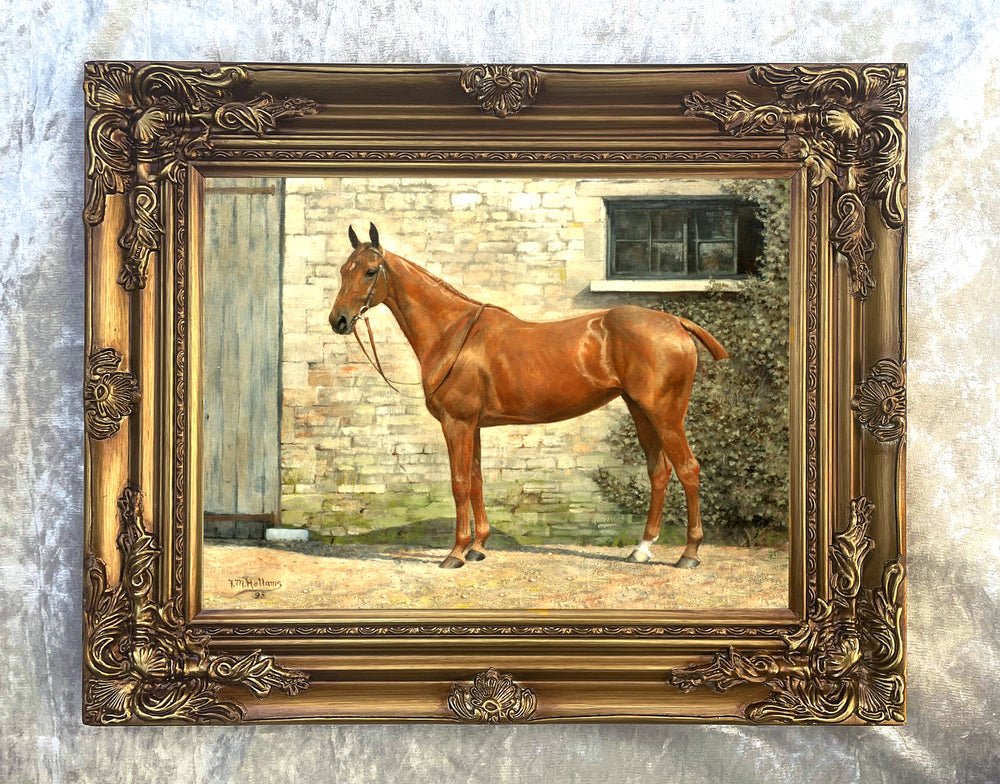 Fine Oleograph on Canvas of a Chestnut Hunter in a Yard