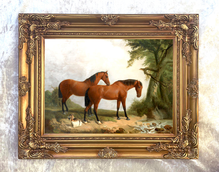 Fine Oleograph on Canvas of a Pair of Horses in a Woodland Landscape