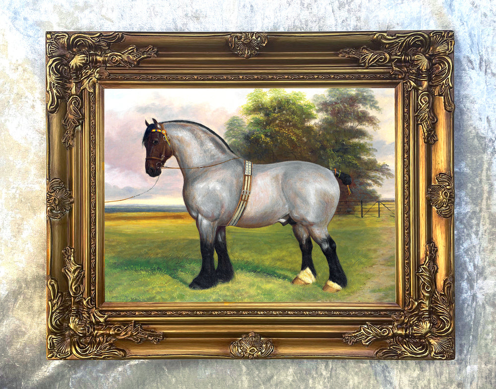 Fine Oleograph on Canvas of a Grey Shire Horse in a Landscape