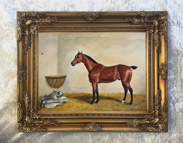 Fine Oleograph on Canvas of a Bay Hunter in a Stable