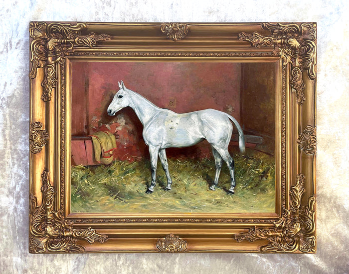 Fine Oleograph on Canvas of a Flea Bitten Grey Thoroughbred Horse in a Stable