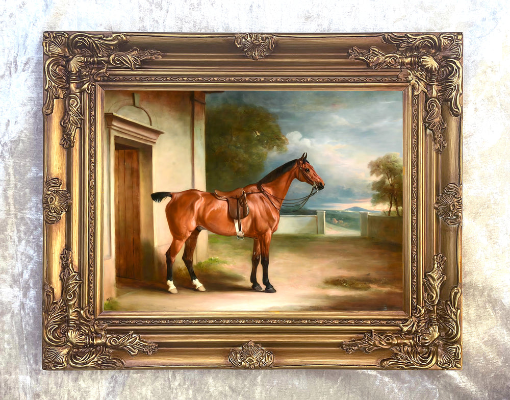 Fine Oleograph on Canvas of a Bay Hunter saddled in a Yard