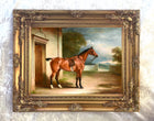 Fine Oleograph on Canvas of a Bay Hunter saddled in a Yard