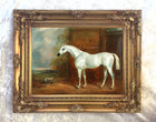 Fine Oleograph on Canvas - A White Stallion by a Stable