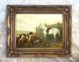 Fine Oleograph on Canvas - White Horse with Hounds  in a Stable Yard