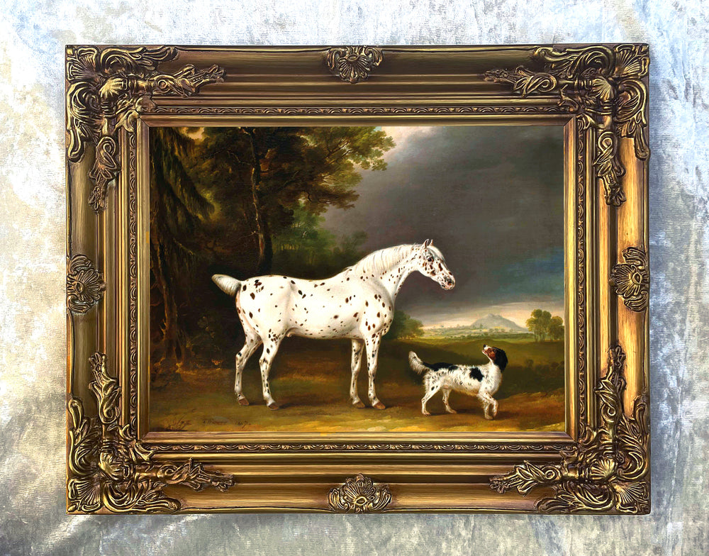 Excellent Oleograph on Canvas - Portrait of a Grey Horse & Dog in a Landscape