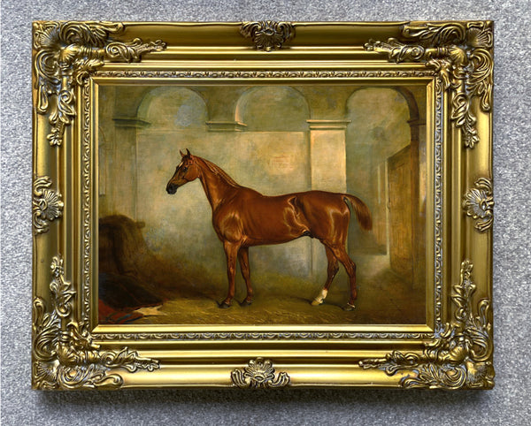 Gilt Framed Oleograph of  a Chestnut Hunter in a Stable aft. J Ferneley