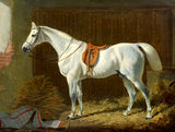 Fine Oleograph on Canvas of a Saddled Grey Stallion in a Stable