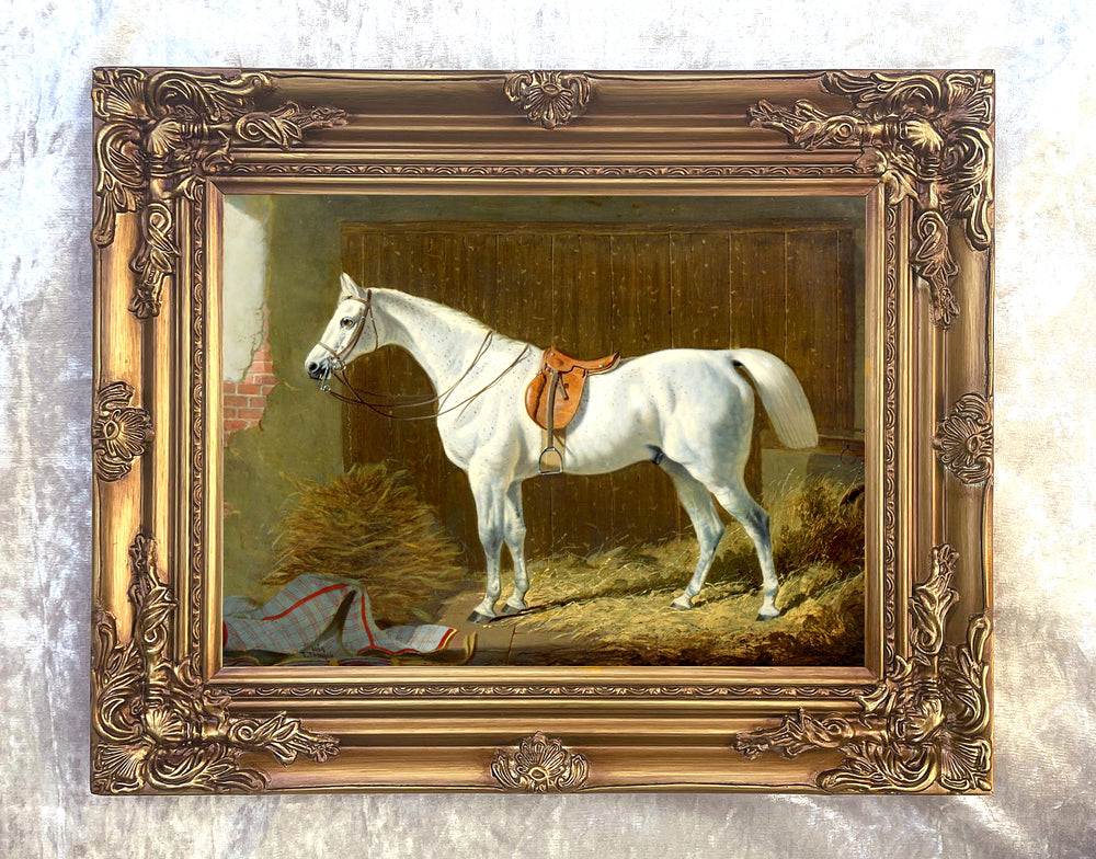 Fine Oleograph on Canvas of a Saddled Grey Stallion in a Stable