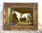 Fine Oleograph on Canvas of a Saddled Grey Stallion in a Stable