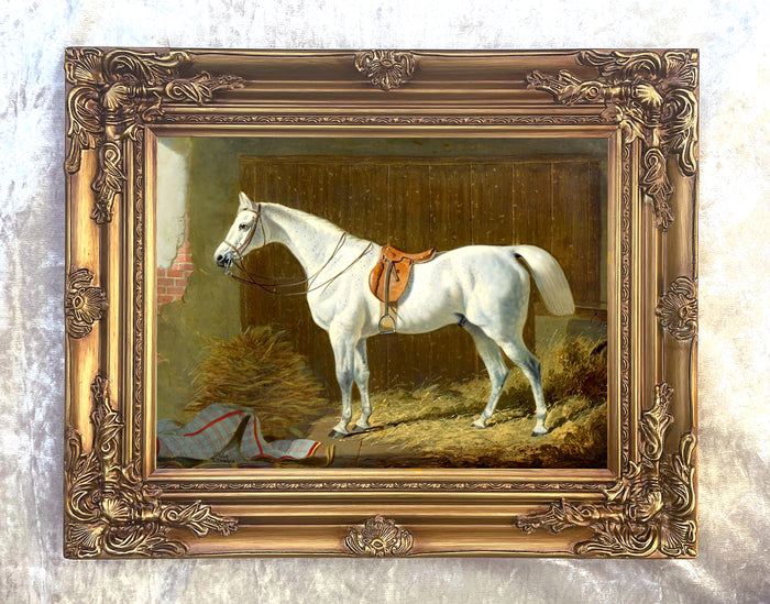 Fine Oleograph on Canvas of a Saddled Grey Stallion in a Stable