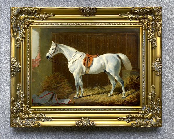 Fine Oleograph on Canvas of a Saddled Grey Stallion in a Stable