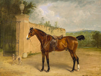 Fine Oleograph on Canvas of a Saddled Bay Horse with a Hound