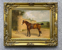 Fine Oleograph on Canvas of a Saddled Bay Horse with a Hound